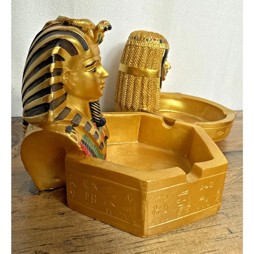 Egyptian Ashtray Set King Tut Cleopatra Gold Colored Resin Egypt Pharaoh Theme